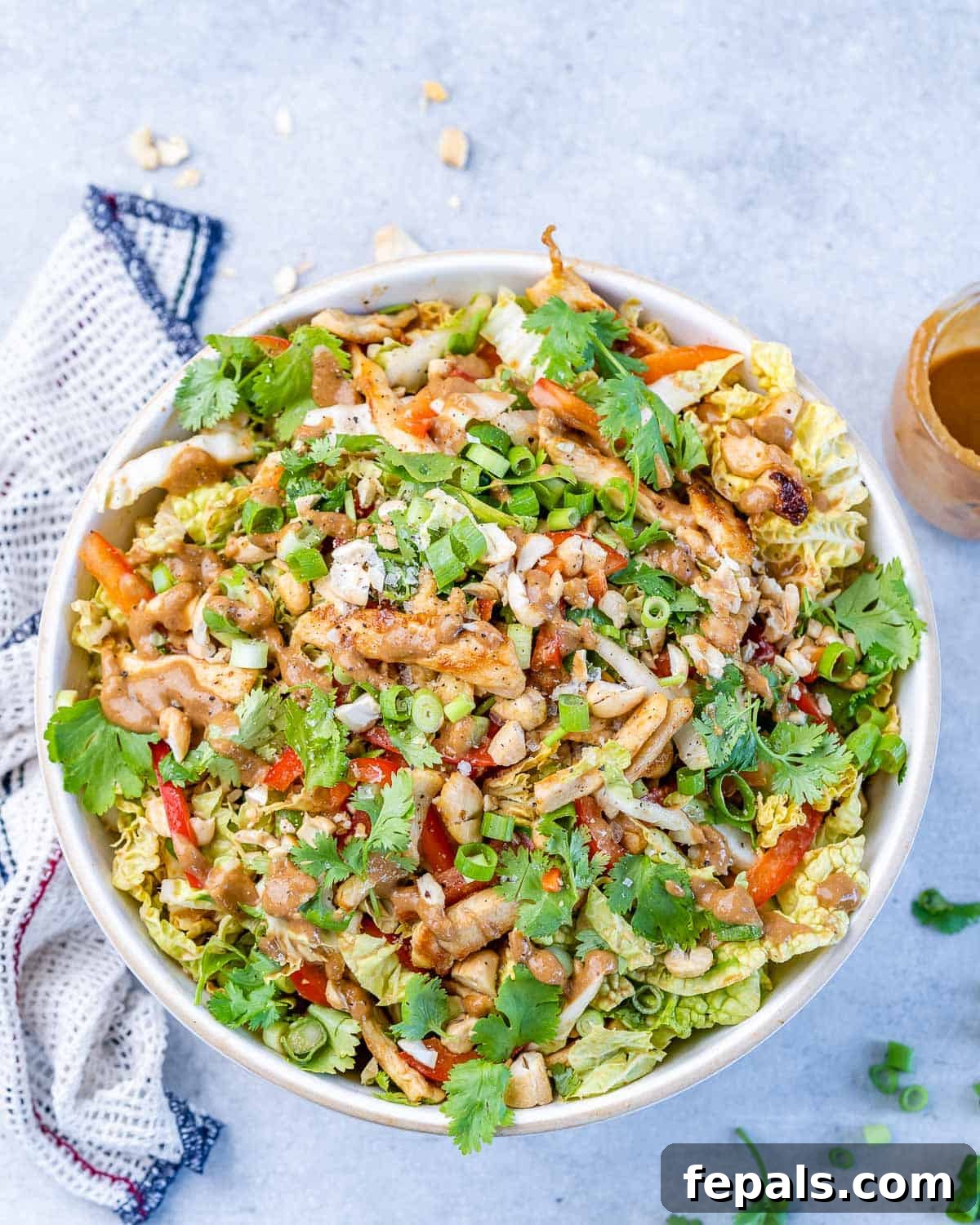 A pristine bowl of Chinese chicken salad, with the sesame dressing thoroughly tossed through the crisp cabbage, ready to be enjoyed.