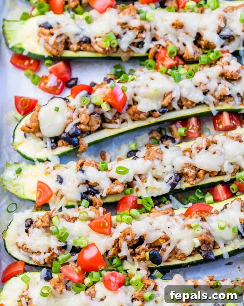 A mouth-watering top view of multiple Taco Stuffed Zucchini Boats, exquisitely garnished with melted cheese and fresh chopped tomatoes.