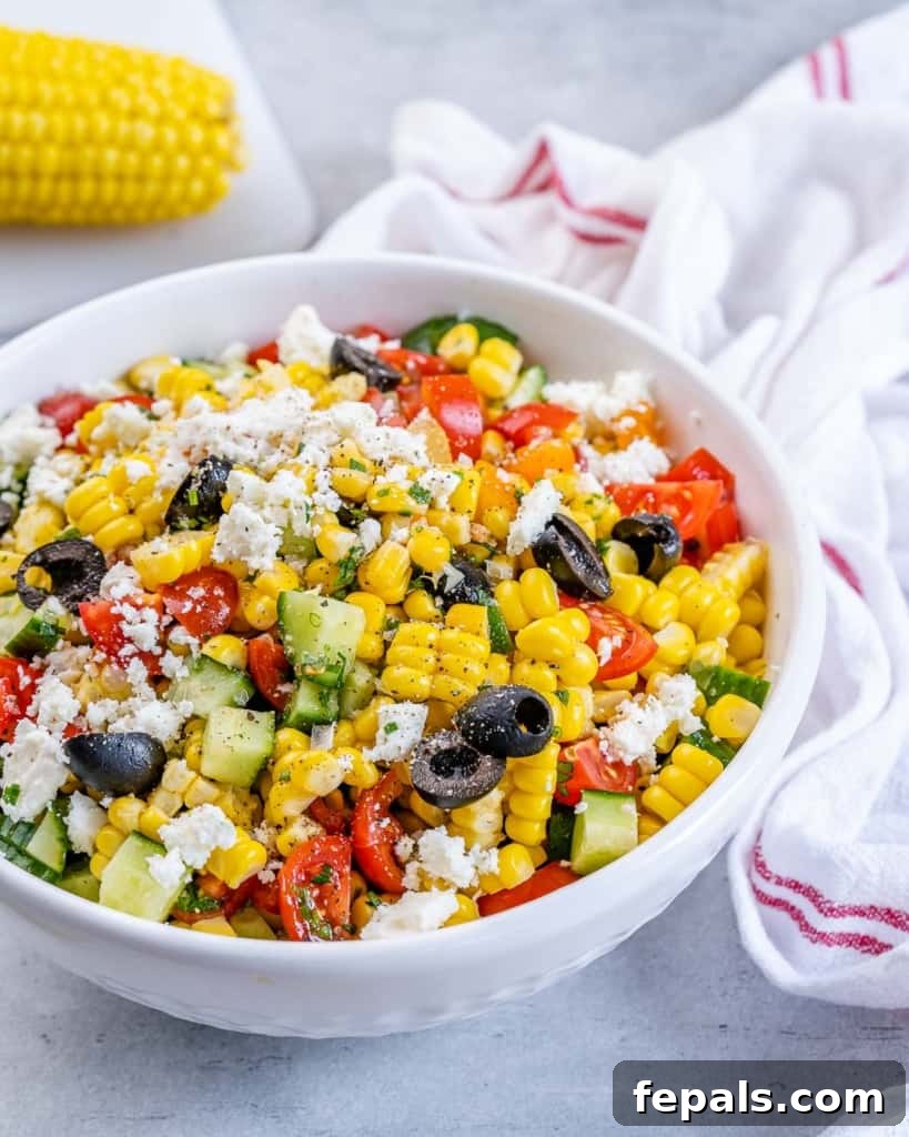 Sunshine Corn Salad 3 Side shot of summer corn salad in a white bowl surrounded by a cloth and ingredients on a table.