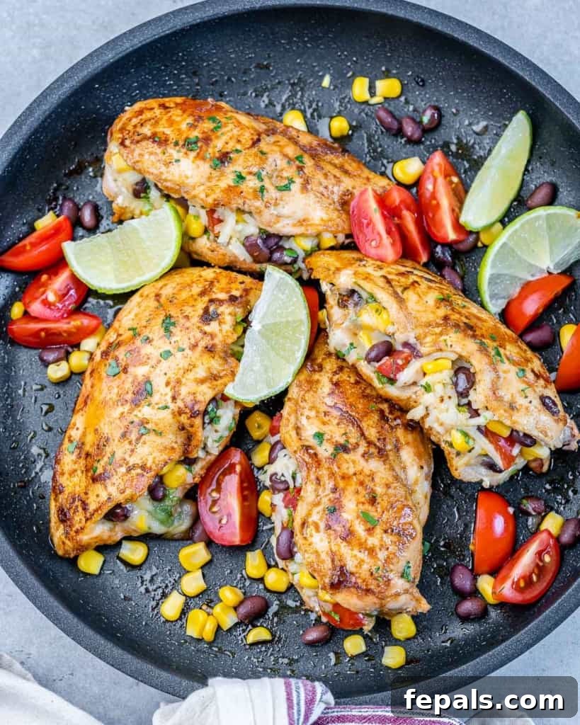 Golden Chicken with Fiesta Rice Core 2 Top view of perfectly cooked Southwest Taco Stuffed Chicken Breast in a black skillet, showcasing its golden-brown exterior and vibrant filling.