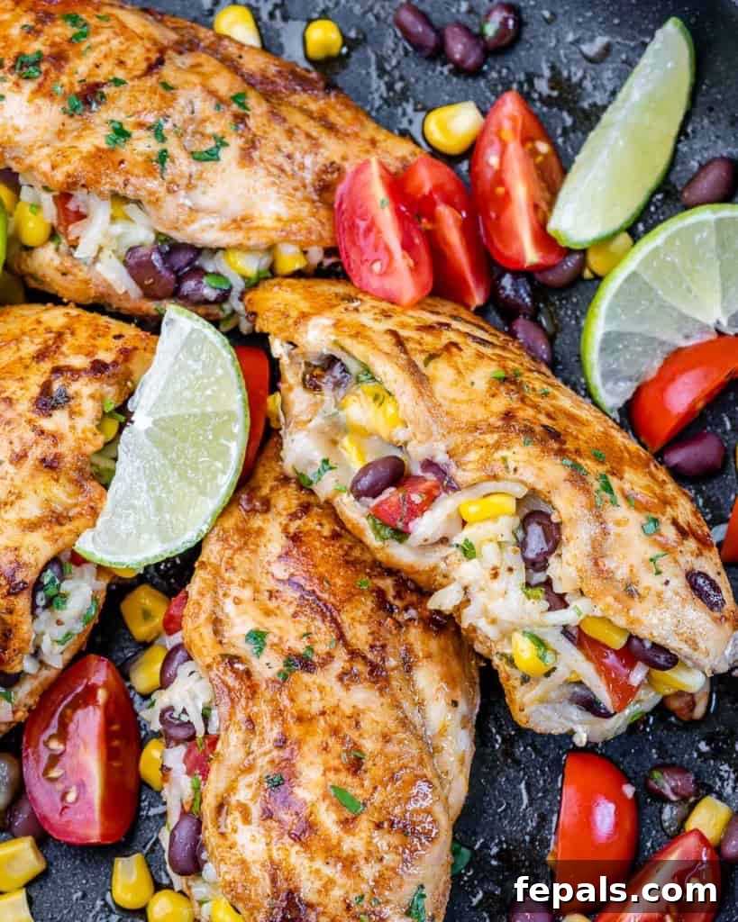Golden Chicken with Fiesta Rice Core 11 Taco stuffed chicken breast cooking to a perfect golden-brown in a large skillet on a stovetop, surrounded by vibrant steam.