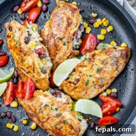 Golden Chicken with Fiesta Rice Core 12 Tender, juicy Southwest Taco Stuffed Chicken Breast, ready to serve.