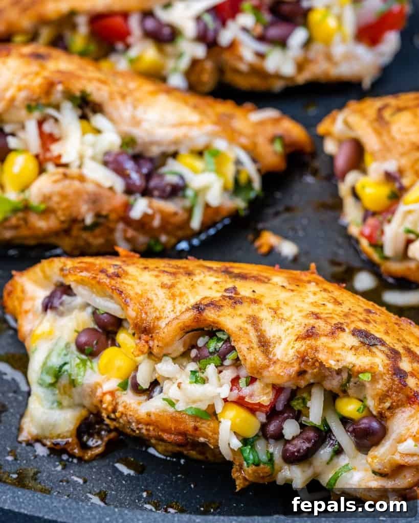 Golden Chicken with Fiesta Rice Core 3 Two halves of chicken breast stuffed with vibrant taco filling, showcasing the rich texture and colorful ingredients.