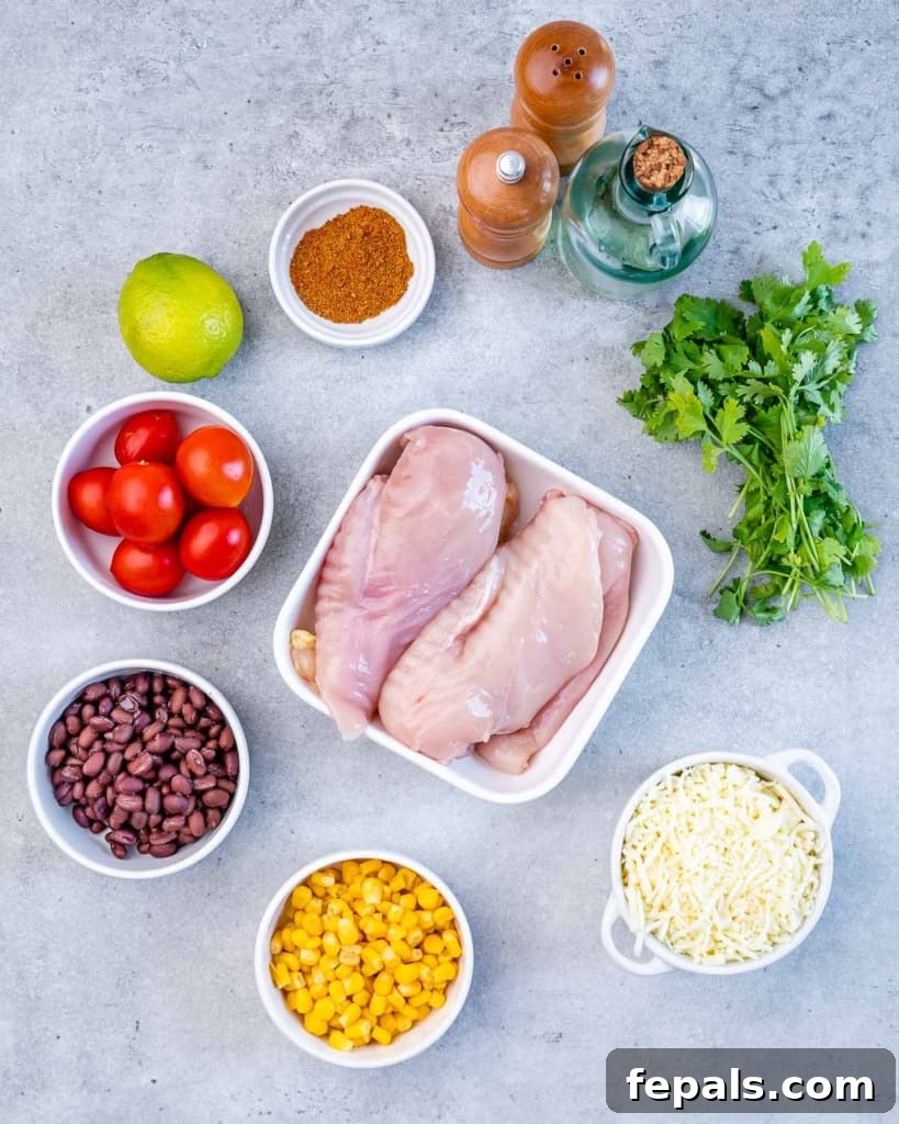 Golden Chicken with Fiesta Rice Core 4 Separated ingredients for Taco Stuffed Chicken Breast laid out on a clean surface: chicken, seasoning, cheese, beans, corn, tomatoes, cilantro, and lime.