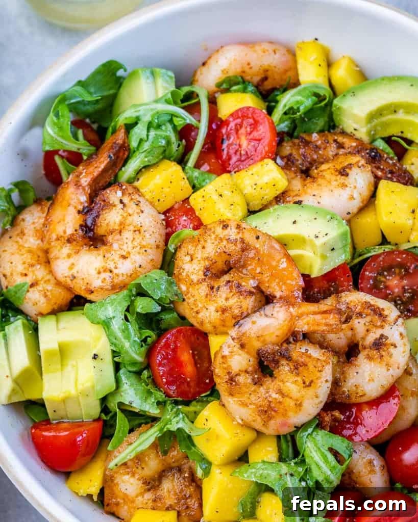 Zesty Grilled Shrimp Summer Salad 7 Overhead shot of complete Grilled Shrimp Salad in a white bowl, ready to eat.
