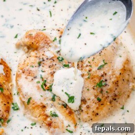 chicken breast in a garlic creamy sauce with spoon pouring sauce over chicken
