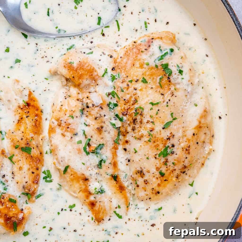 Ultimate Creamy Garlic Chicken Skillet 7 A close-up shot of a creamy garlic chicken skillet, showcasing perfectly cooked chicken pieces bathed in a luscious, thick white sauce, ready to be enjoyed.