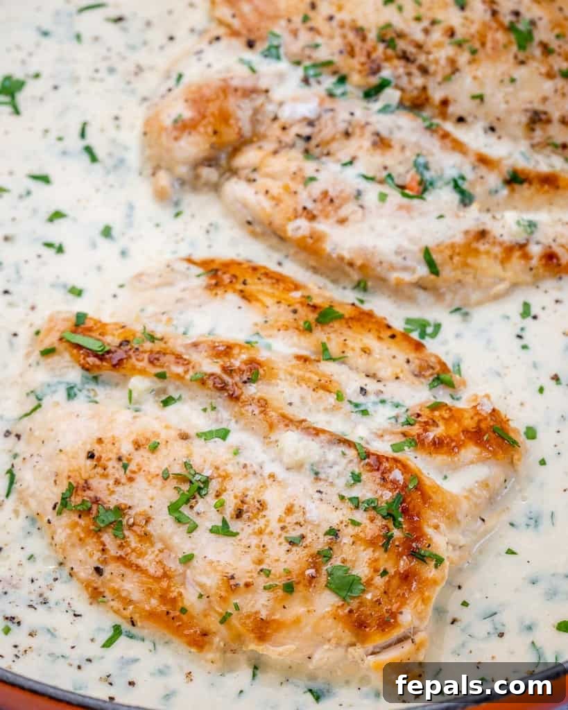 Ultimate Creamy Garlic Chicken Skillet 8 Beautifully seared golden chicken breasts coated in a luxurious, thick cream sauce, presented in a skillet, ready to be served and enjoyed.