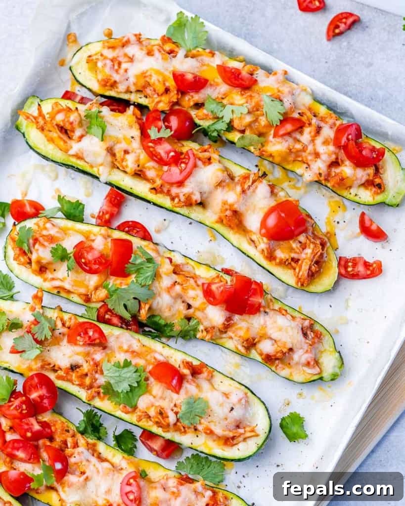 Zucchini Enchilada Bake 7 Top view of enchilada zucchini boats topped with diced tomatoes on a white plate, ready to be served.