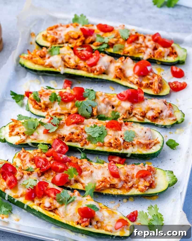 Zucchini Enchilada Bake 8 Side view of two zucchini boats, richly stuffed with shredded chicken and cheese, topped with tomatoes.