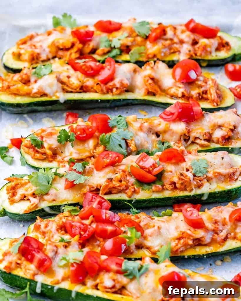 Zucchini Enchilada Bake 9 Multiple zucchini halves stuffed with chicken, cheese, and tomatoes, neatly arranged in a baking dish.