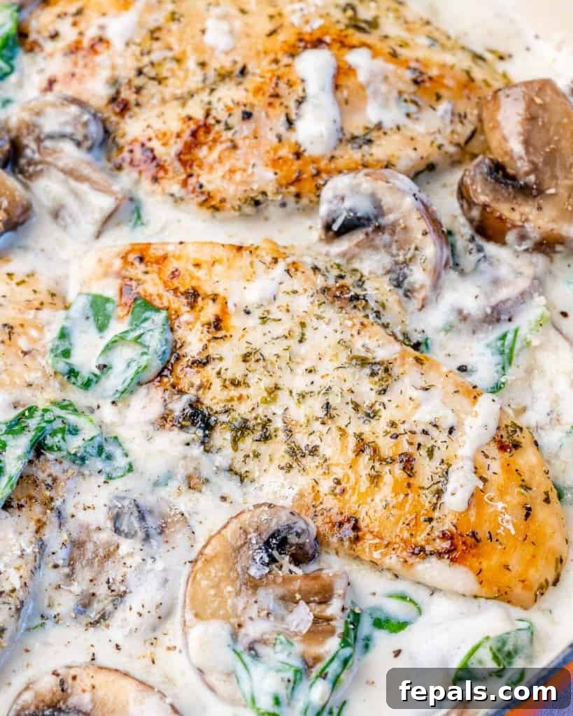 Close-up of chicken breast cooked in a creamy sauce with mushrooms and spinach in a skillet.