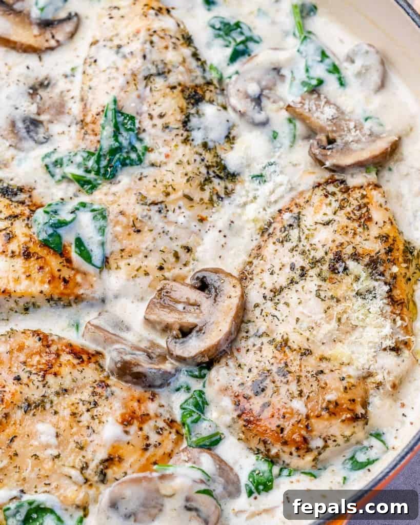 Creamy chicken with mushroom sauce simmering in a large skillet.