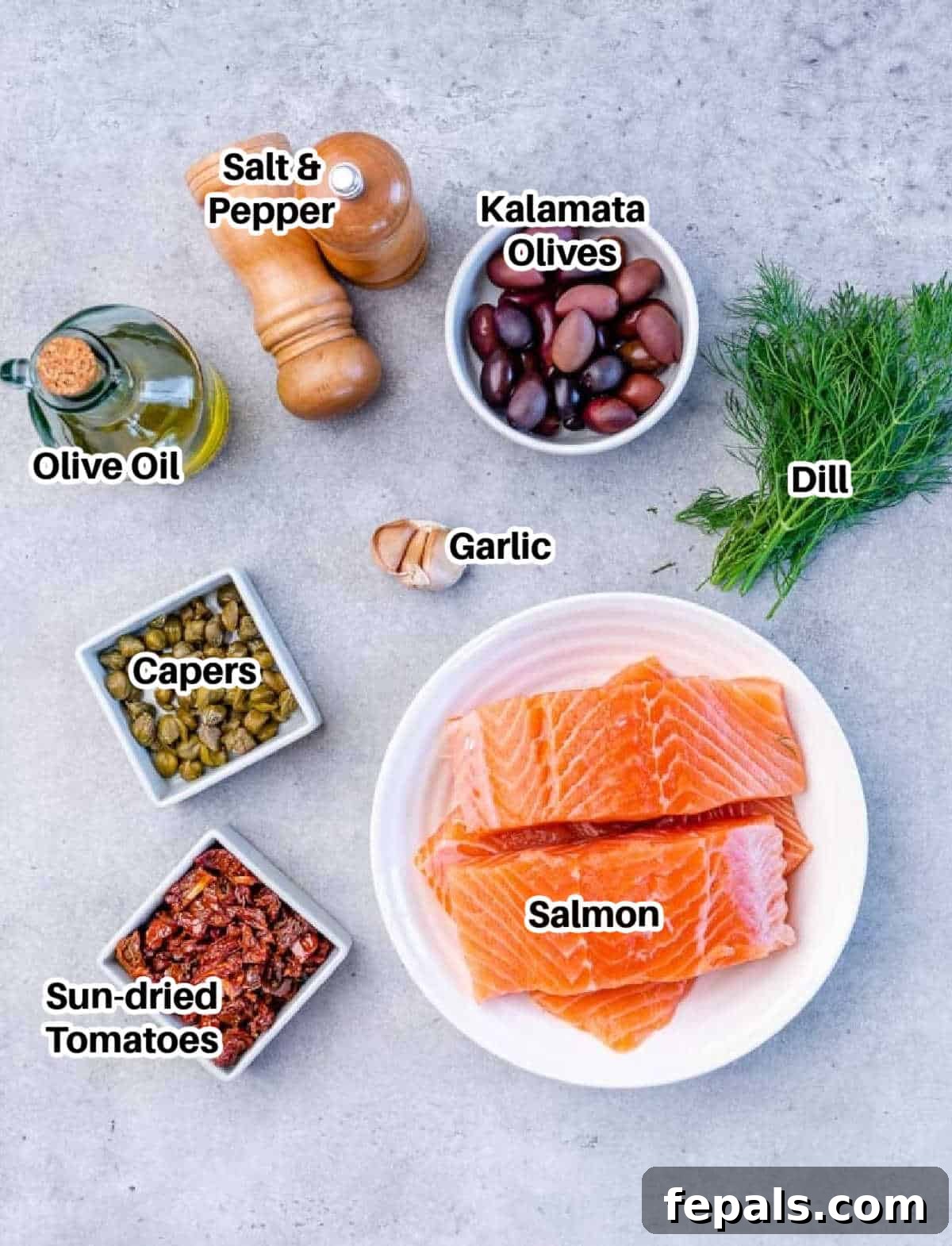 ingredients to make baked Mediterranean salmon