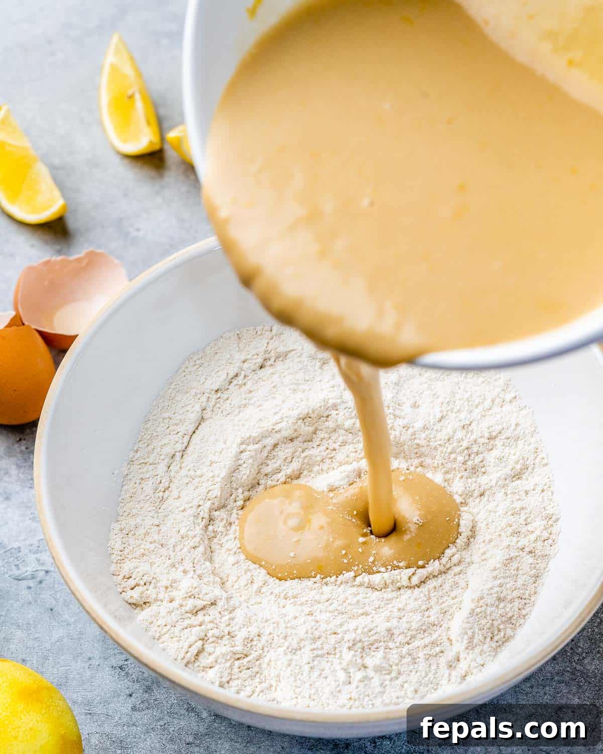 Pouring wet ingredients into a bowl with dry ingredients. 