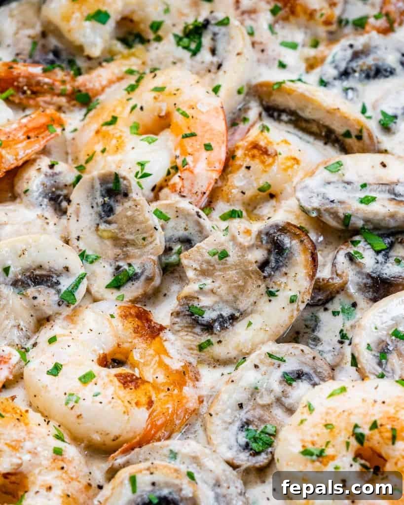 Garlic Shrimp in a Velvety Mushroom Sauce 3 Mushrooms and shrimp in a creamy sauce.