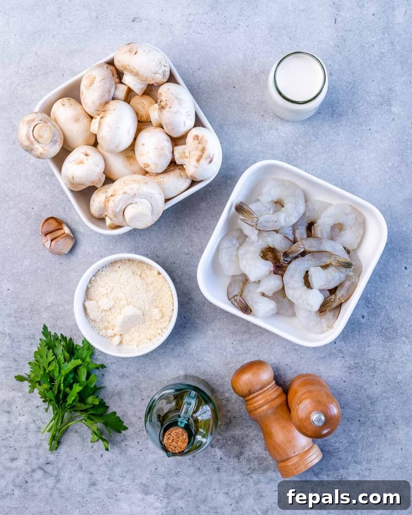 Garlic Shrimp in a Velvety Mushroom Sauce 4 Shrimp, mushrooms and other ingredients divided into small bowls.