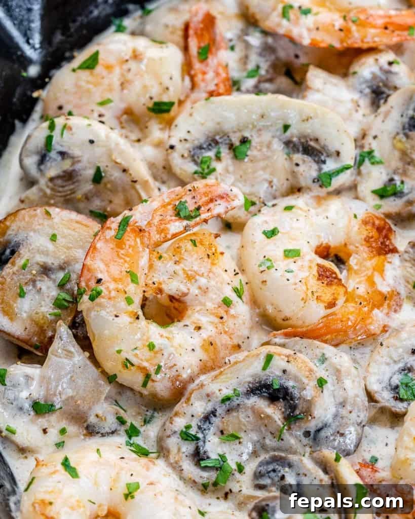 Garlic Shrimp in a Velvety Mushroom Sauce 9 Garlic shrimp cooked in a creamy mushroom sauce.