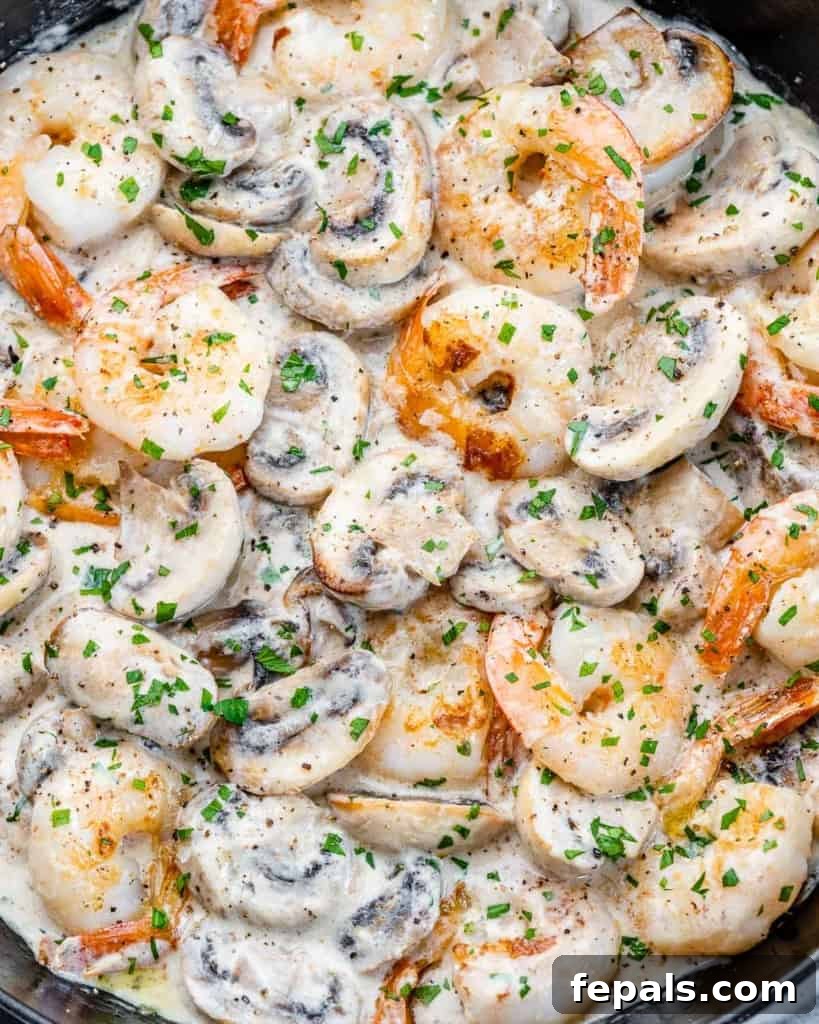 Garlic Shrimp in a Velvety Mushroom Sauce 10 Garlic shrimp in a creamy mushroom sauce.