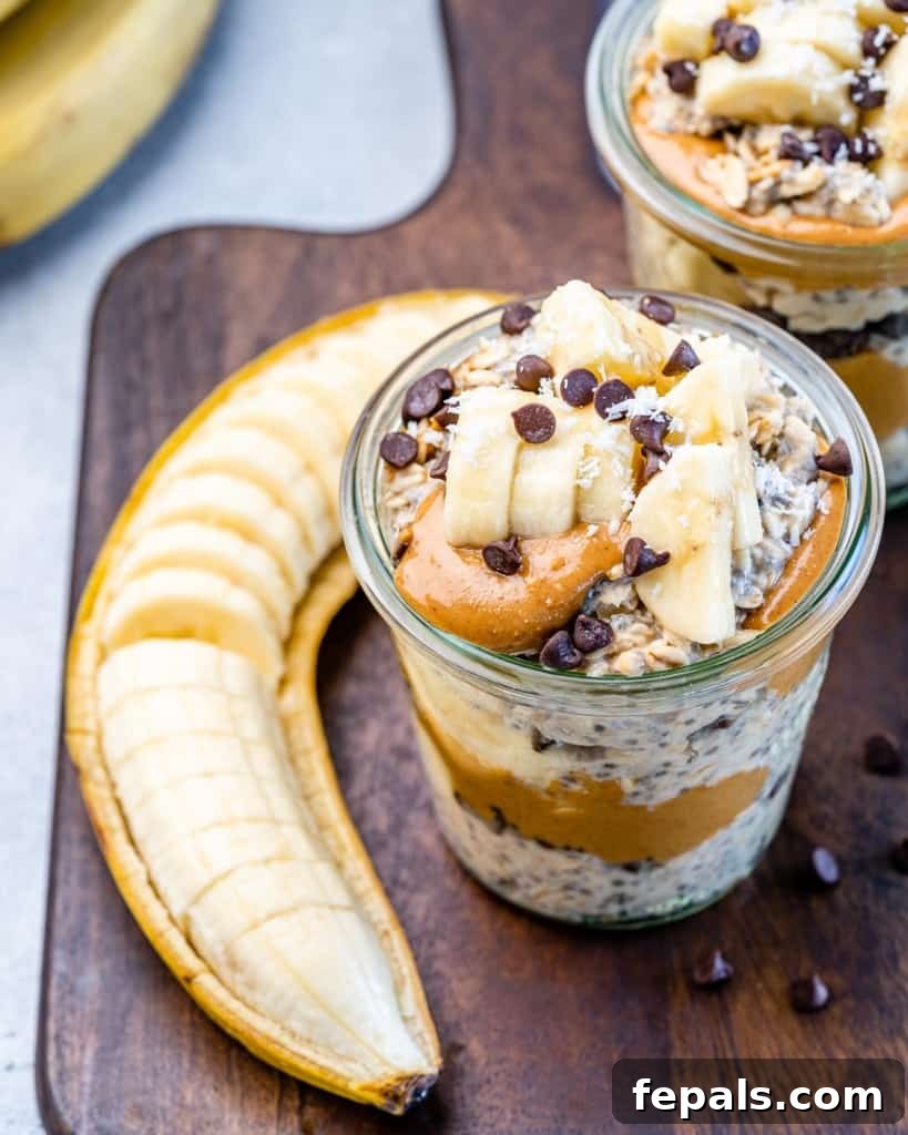 Slices of banana near a jar of overnight oats, ready to be added as a topping.