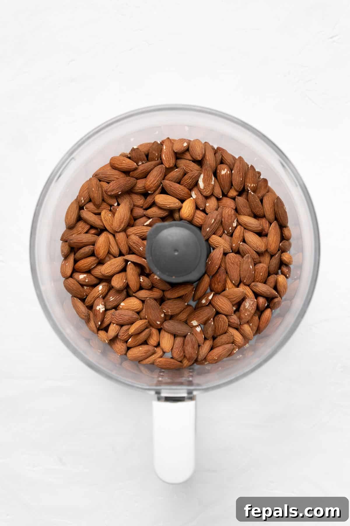 Whole almonds freshly poured into a food processor bowl, ready for blending.