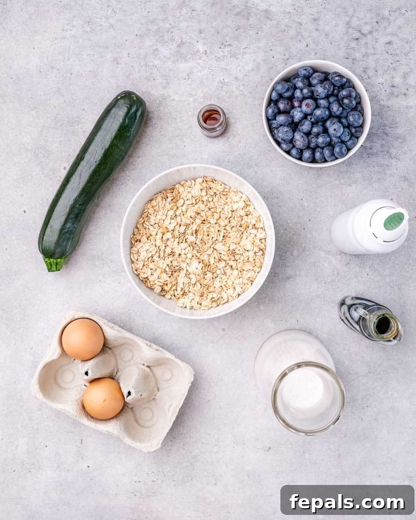 Ingredients for blueberry baked oatmeal divided into portions.