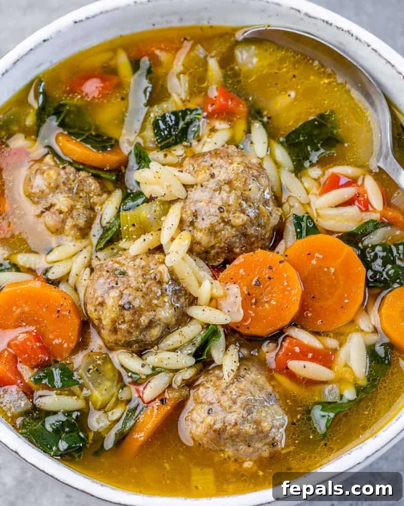 Nonna's Italian Wedding Soup 3 Bowl filled with meatballs, veggies and orzo pasta in a broth.