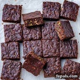 Top view of brownie squares on parchment paper