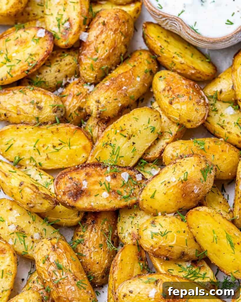 Lemon Herb Greek Baked Fingerlings 3 Potato wedges seasoned with dill.