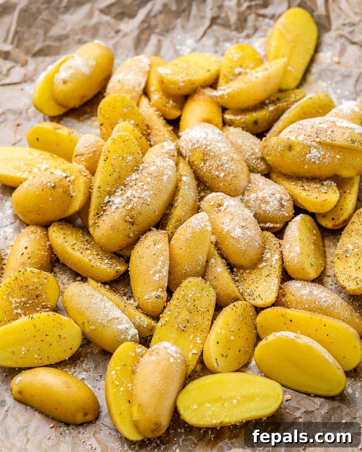 Lemon Herb Greek Baked Fingerlings 6 Potatoes seasoning and on a baking sheet pan.