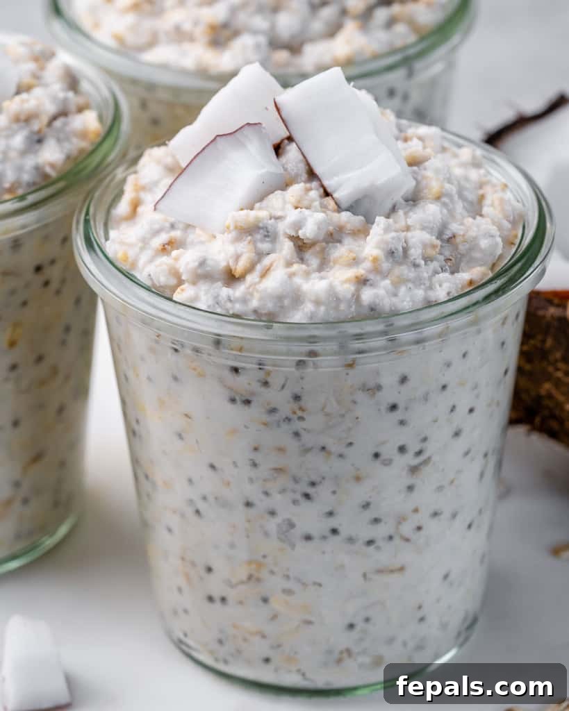 Coconut Cream Pie Dream Oats 8 close up overnight oats in a jar