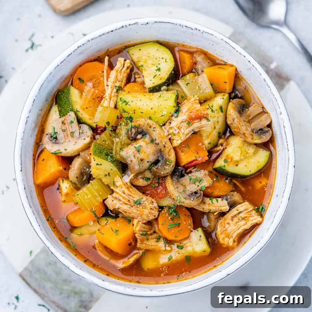 Hearty Chicken and Garden Vegetable Soup 2 top view of vegetable soup in a white bowl, garnished with fresh parsley.