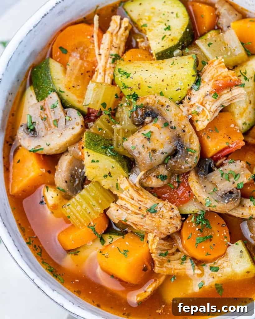 Hearty Chicken and Garden Vegetable Soup 3 Hearty chicken vegetable soup with mushrooms, zucchini, and carrots.