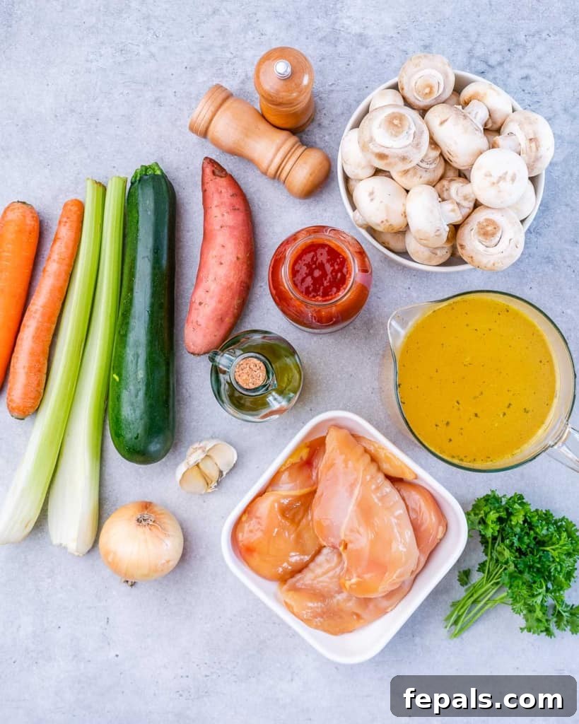 Hearty Chicken and Garden Vegetable Soup 4 Raw ingredients for chicken vegetable soup: vegetables, broth, and chicken in a bowl.