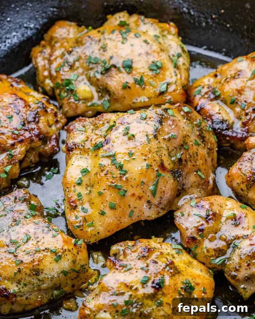 Effortless Baked Boneless Thighs 10 close up chicken thighs in a black skillet
