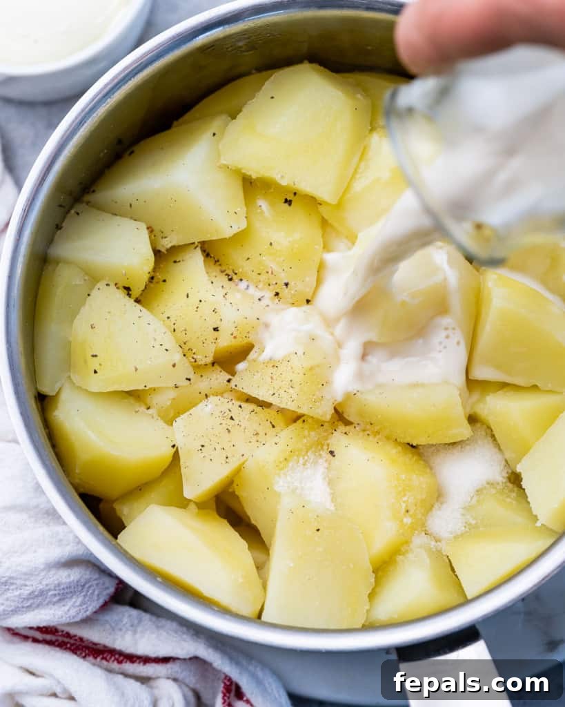 Pouring non-dairy milk into a pot filled with hot, cooked potatoes.