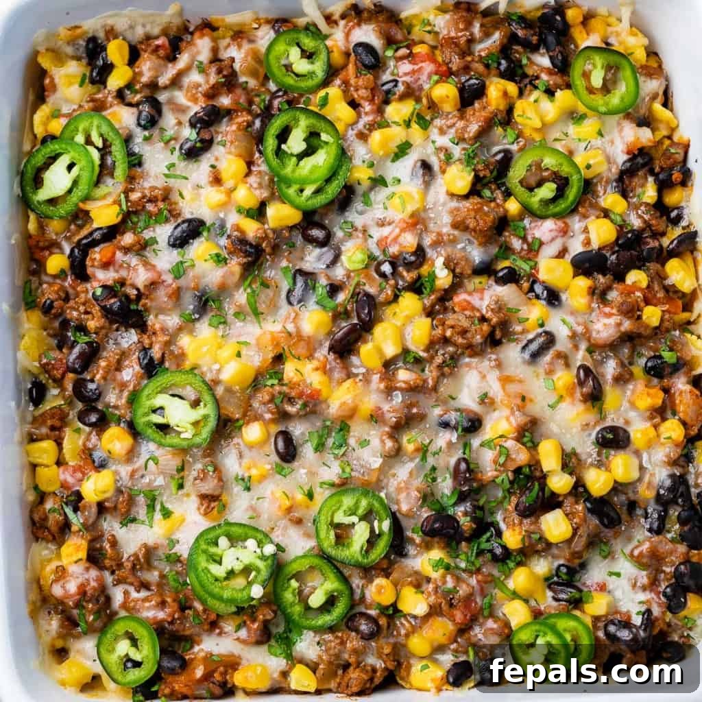 Top view of a freshly baked taco casserole in a dish, garnished with fresh cilantro.