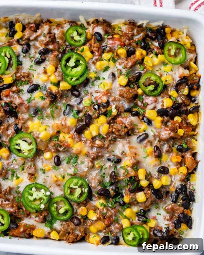 Top view of a taco casserole in a white dish, beautifully topped with vibrant sliced jalapeños and fresh cilantro.
