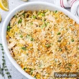 Wholesome Tuna Delight 10 Top view of tuna casserole in a white dish, a summary image for the recipe card.