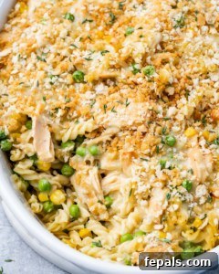 Close-up view of the golden-brown, baked tuna casserole, showing creamy texture and topping.