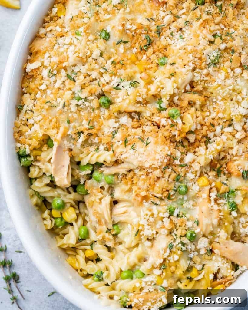 Wholesome Tuna Delight 4 Close-up top view of golden-brown tuna casserole with pasta in a white baking dish.