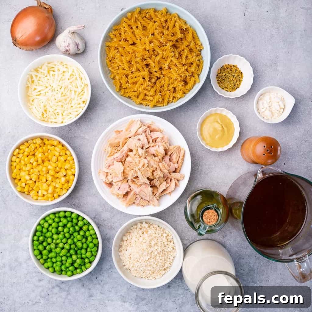 Wholesome Tuna Delight 5 A collage showing various ingredients laid out to make tuna casserole, including pasta, tuna cans, peas, corn, onion, and cheese.