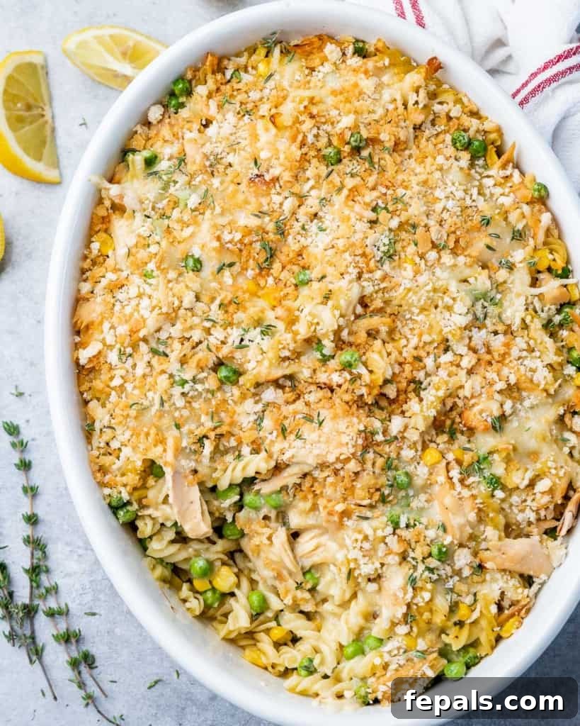Wholesome Tuna Delight 8 Overhead shot of the bubbling, golden-brown healthier tuna casserole fresh out of the oven in a white baking dish.