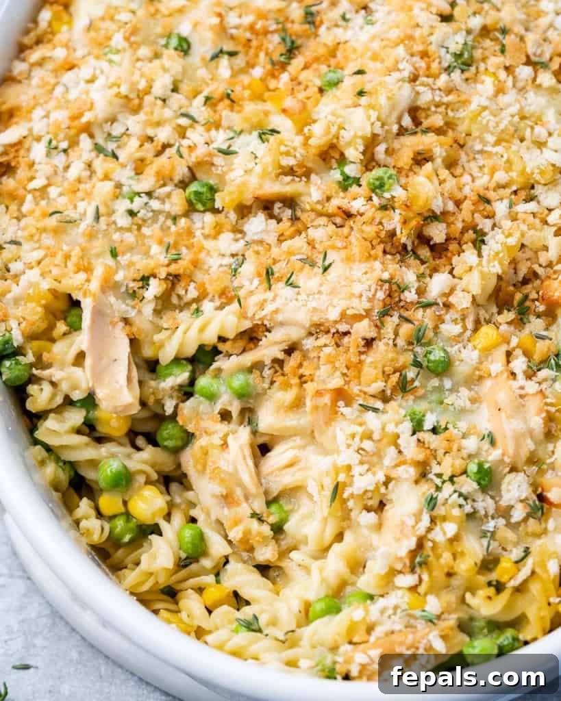 Wholesome Tuna Delight 9 A close-up view of the creamy, cheesy texture of the healthier tuna casserole with visible pasta and vegetables.
