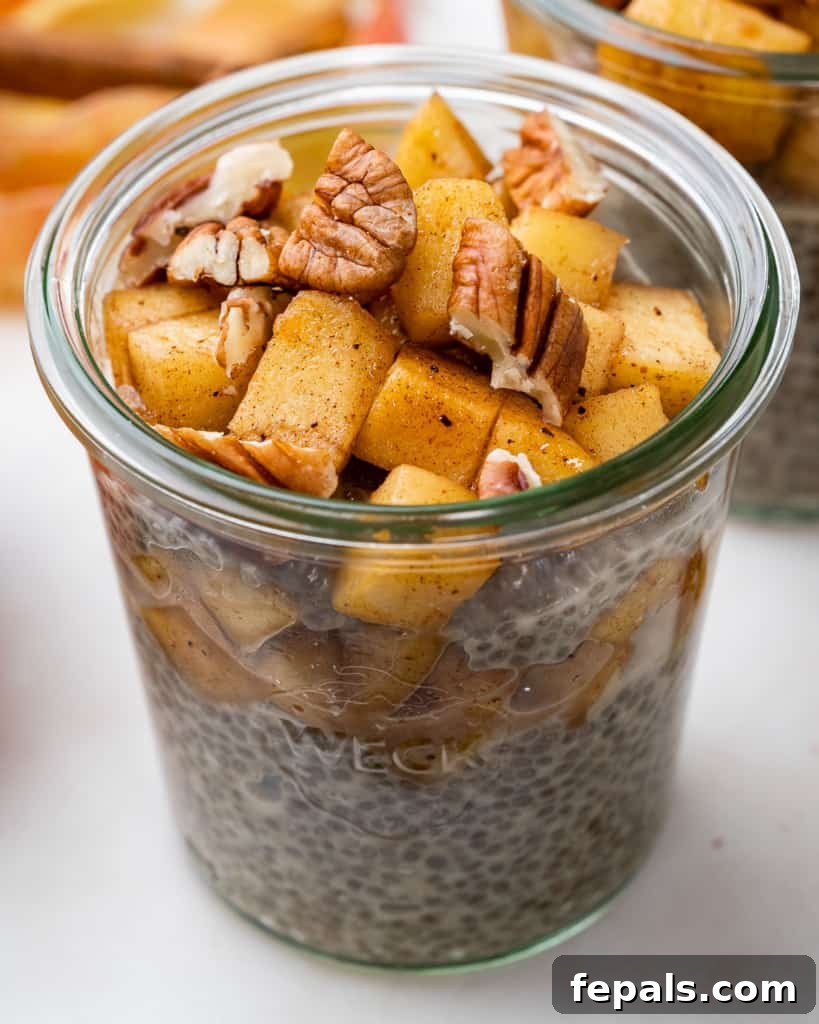 Cozy Cinnamon Apple Pie Chia Pudding 2 side top view of a jar with chia pudding topped with apple pie mix