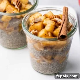 side shot of chia pudding topped with cinnamon apple chunks