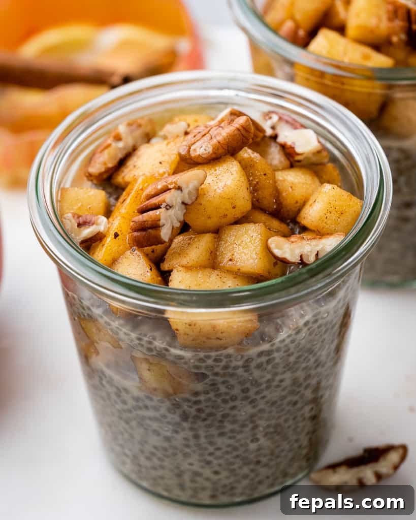 Spiced Apple Pie Chia Pudding 8 Side shot of chia pudding in a jar topped with apple pie mix, ready to be enjoyed as a healthy breakfast or dessert
