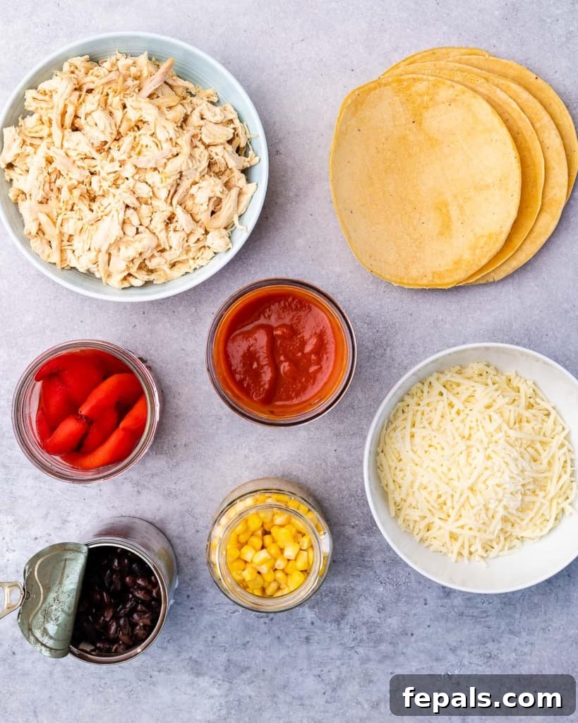 Shredded chicken, cheese and corn tortillas divided into portions.