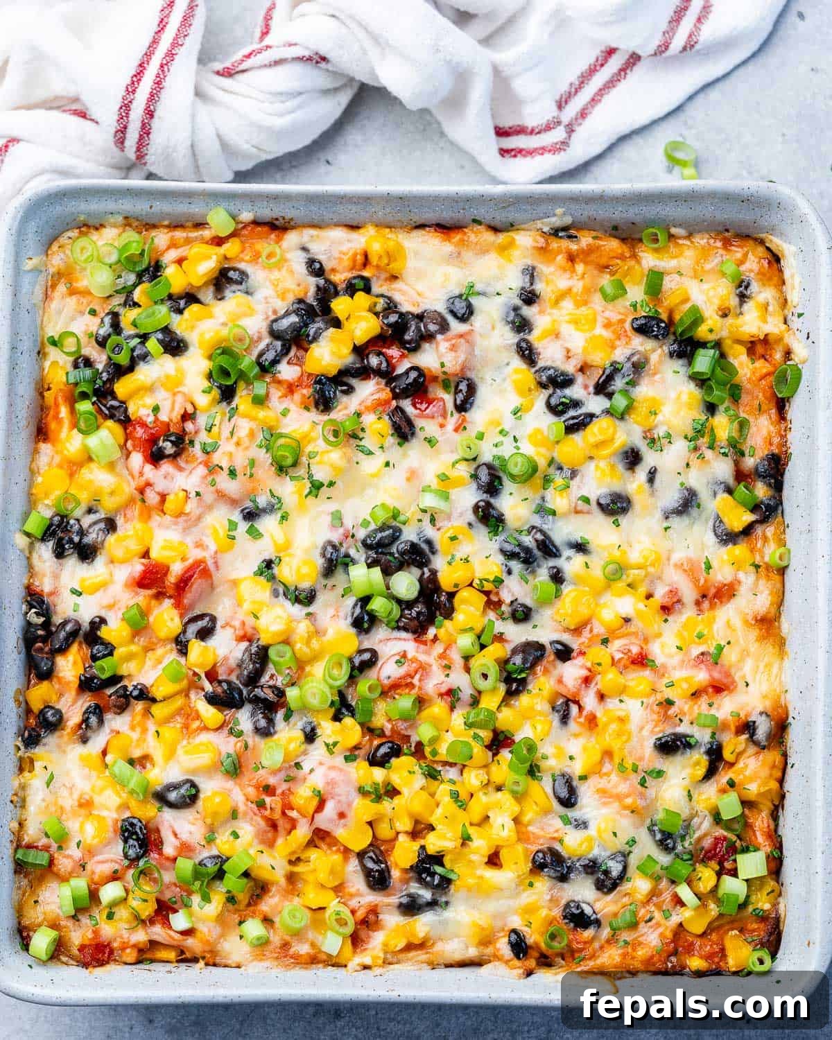 Chicken enchilada casserole in a square pan.