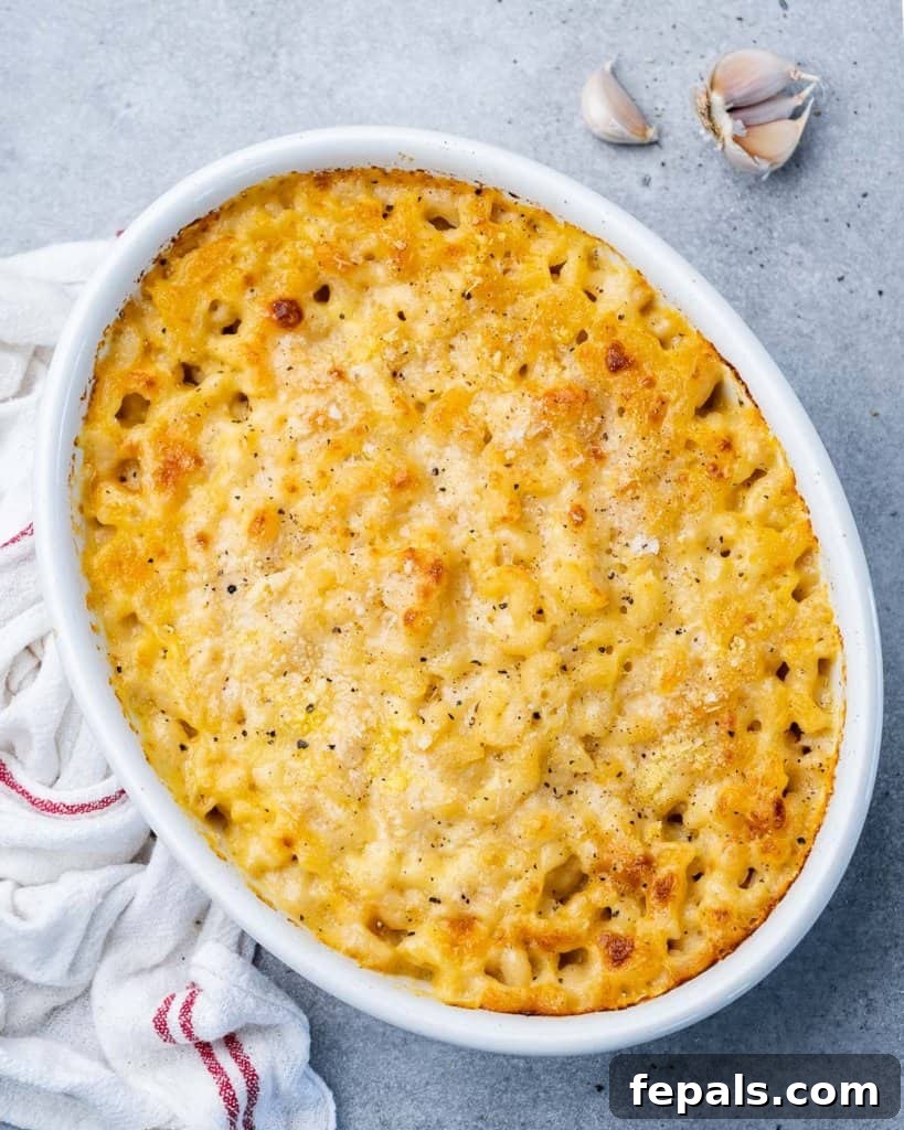 Freshly baked mac and cheese in a casserole dish, bubbling and golden brown.